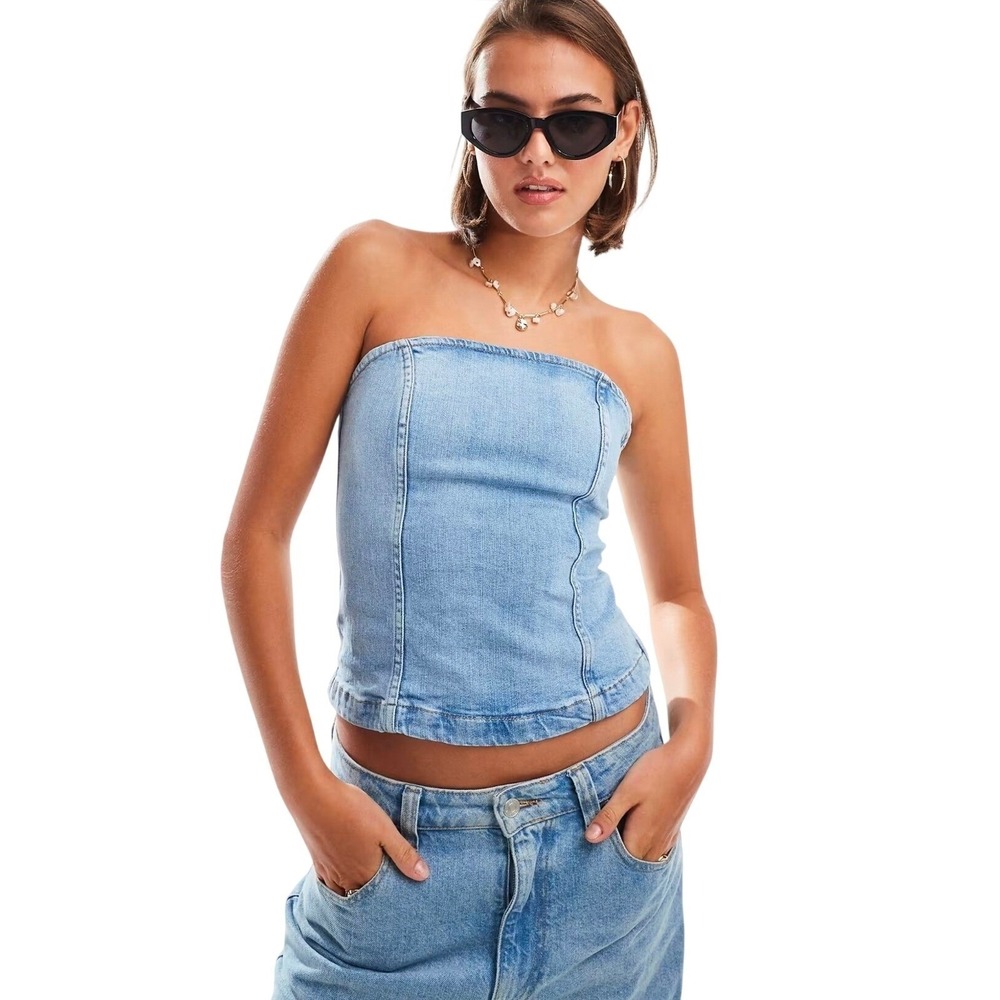 Mango‎ MNG Denim Tube Top Medium Light Wash Strapless Corset Style Side Zip Y2K